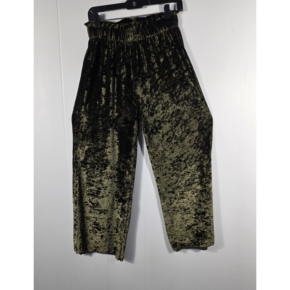 NEW C-Mode‎ Women Olive Green Crushed Velvet Wide Leg High Waist Retro Pants - Picture 3 of 8